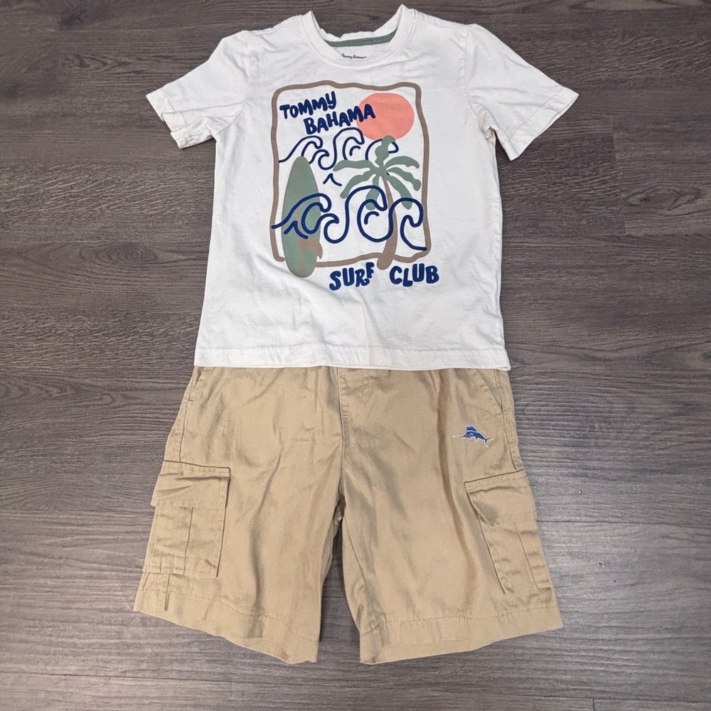 Tommy Bahama Kids 6yo Graphic SS Tee and Khaki Short Matching Set, EUC